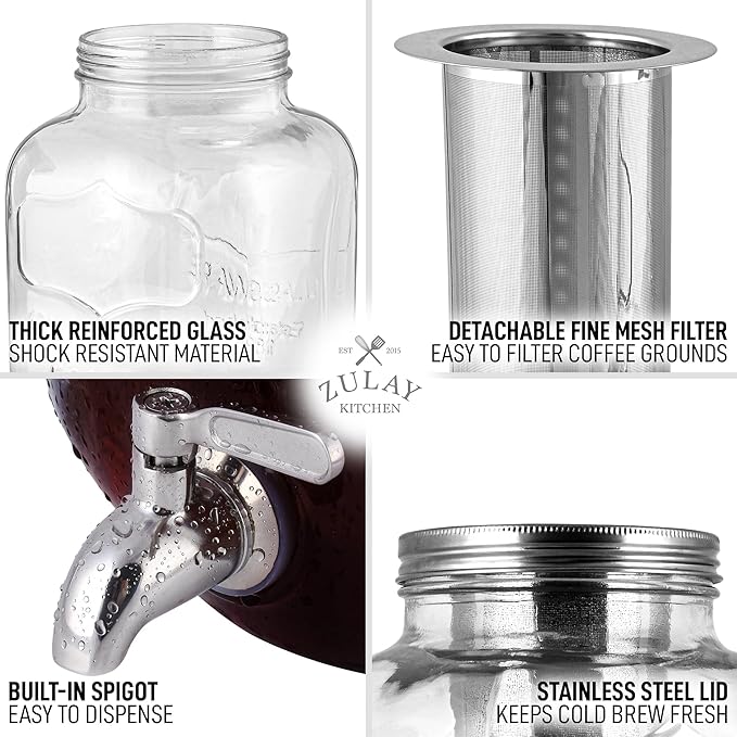 Zulay Kitchen 1 Gallon Cold Brew Coffee Maker – Thick Glass Pitcher with Stainless Steel Filter, Lid & Spout – Large Mason Jar Container Dispenser - Iced Coffee & Sun Tea Brewer for Fridge – Silver