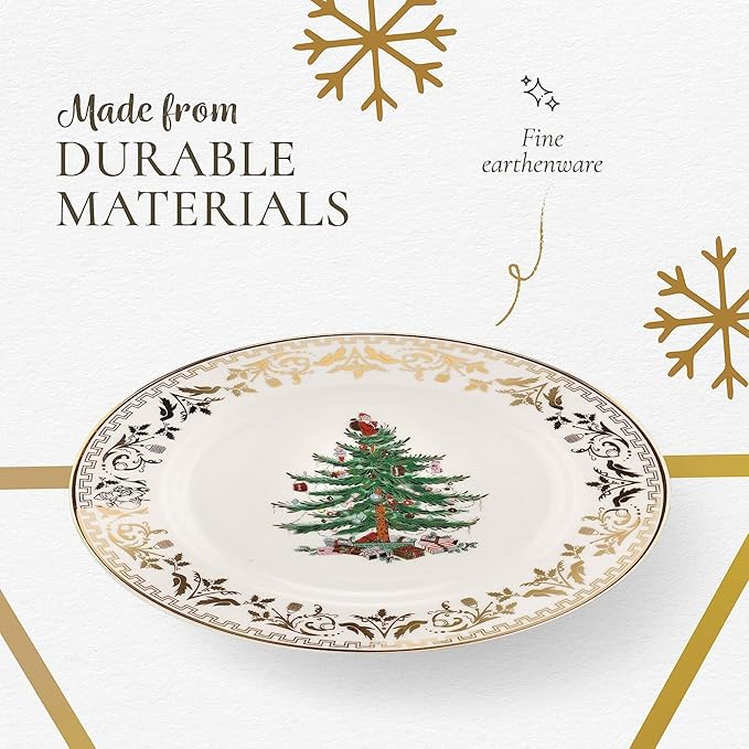 Spode Christmas Tree Gold 4-Piece Holiday Dinnerware Set - Fine Earthenware Tableware with 22K Gold Accents - Dinner Plate, Salad Plate, Teacup, Saucer - Festive Christmas Tableware, Dishwasher Safe