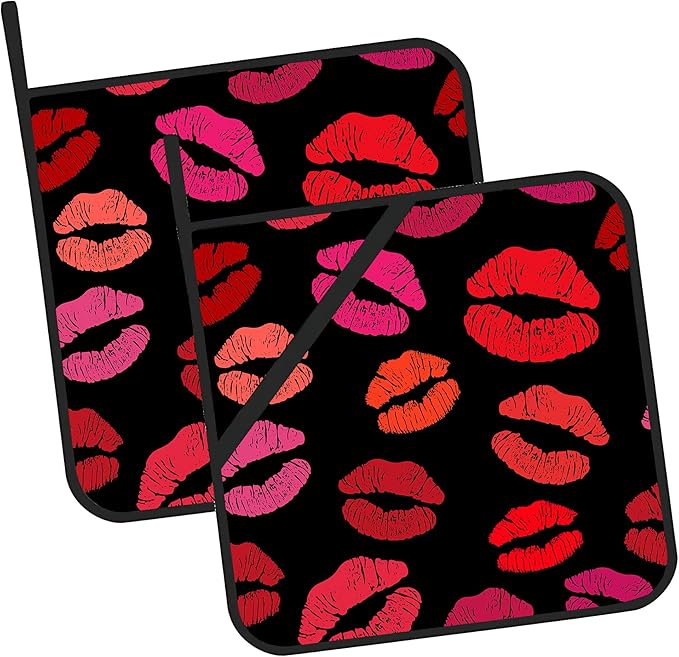 Red Lip Kiss Pot Holders 2 PCS for Kitchen, Heat Resistant Hot Pads for Cooking Grilling Baking BBQ, Pot Holders for Women Cook Essentials Accessories Home Microwave