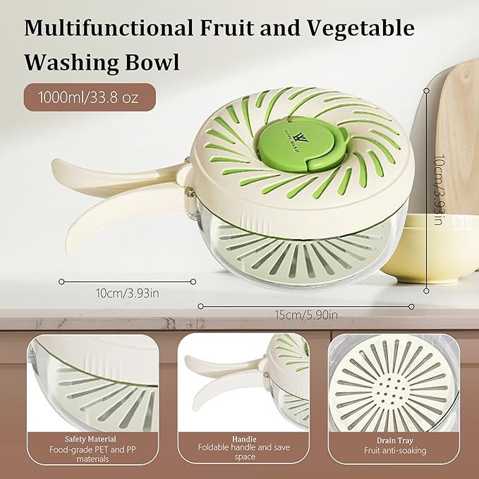 Fruit Washing Bowl with Strainer and Lid with Handle, Portable Strainers and Colander for Kitchen, Vegetable Wash Drain Basket, 3 in 1 Berry Fruit Storage Containers for Fridge Kitchen Picnic Outdoor