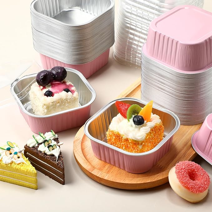 Aoriher 150 Pieces 10 oz Mini Cake Pans with Lids Aluminum Foil Baking Cups Square Disposable 4" x 4" Large Cupcake Cups Baking Tins for Kitchen Brownie Pudding Desserts Holders(Pink)
