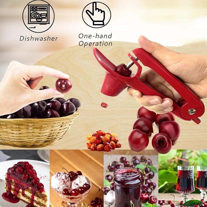 Cherry Pitter, Stainless Steel Olive and Cherries Pitters Corer Tool with Space-Saving Lock Design, Multi-Function Fruit Pit Remover for Cherry Jam (Red)