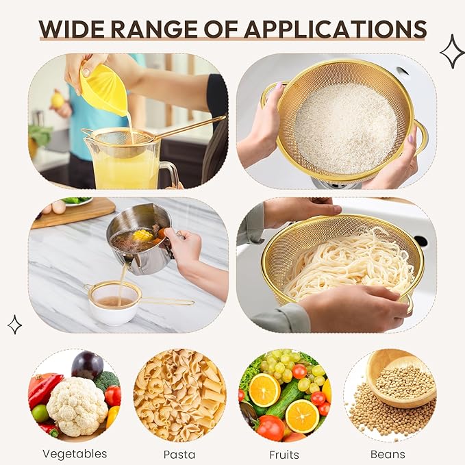 Baderke 1 Pcs 3 Quart Stainless Steel Gold Colander and 3 Pcs Fine Mesh Strainer with Handles Gold Kitchen Accessories for Kitchen Draining Rinsing Serving Food Pasta Rice Vegetables