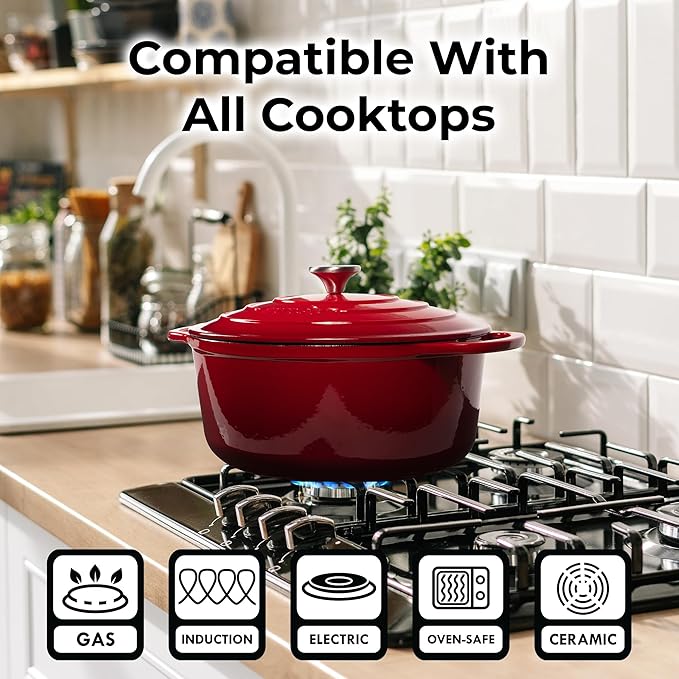 Zulay Kitchen 5 Quart Enameled Cast Iron Dutch Oven with Lid,Silicone Trivet & Heat Pad – Premium Durability & Oven Safe up to 500°F– Heavy Duty Cookware Perfect for Bread Baking, Stews, Braising & Roasting – Red