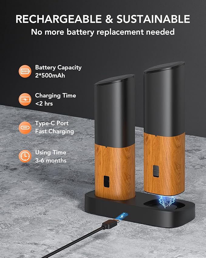 FORLIM Gravity Electric Salt and Pepper Grinder Set, Upgraded Large Capacity, USB Rechargeable Pepper grinder Automatic One Hand Operated, Adjustable Coarseness with LED Light(Natural Wood Grain)