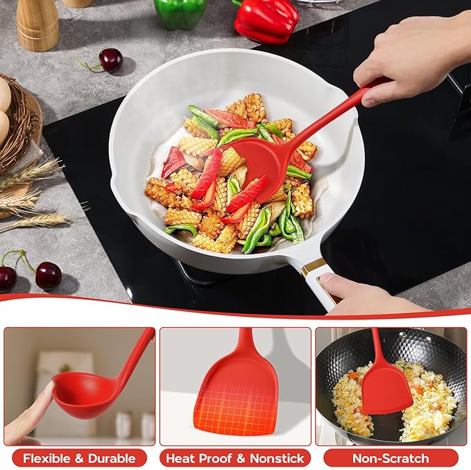 Silicone Cooking Utensils Set, Onader Red Kitchen Utensils 6 Pcs Set, Heat Resistant Kitchen Tool Kit, Nonstick Cookware Friendly & Non Toxic