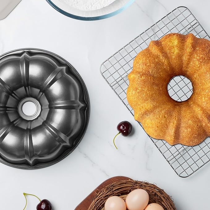 Onader Fluted Cake Pan, 10 Inch Nonstick Round Tube Baking Pan for Pound Cake, 10 Cups Large Heavy Duty Carbon Steel Baking Mold Bakeware, Gray