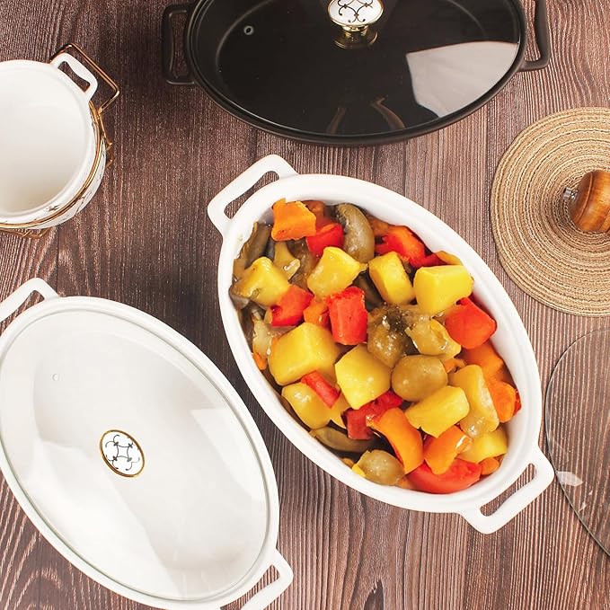 11" x 7" Ceramic Oval Casserole Dish with Glass Lid, 1.3 Quart White Serving Soup Tureen,Chafing Dish for Buffet, Family Food preserve Tray, Catering Casserole for Party Style