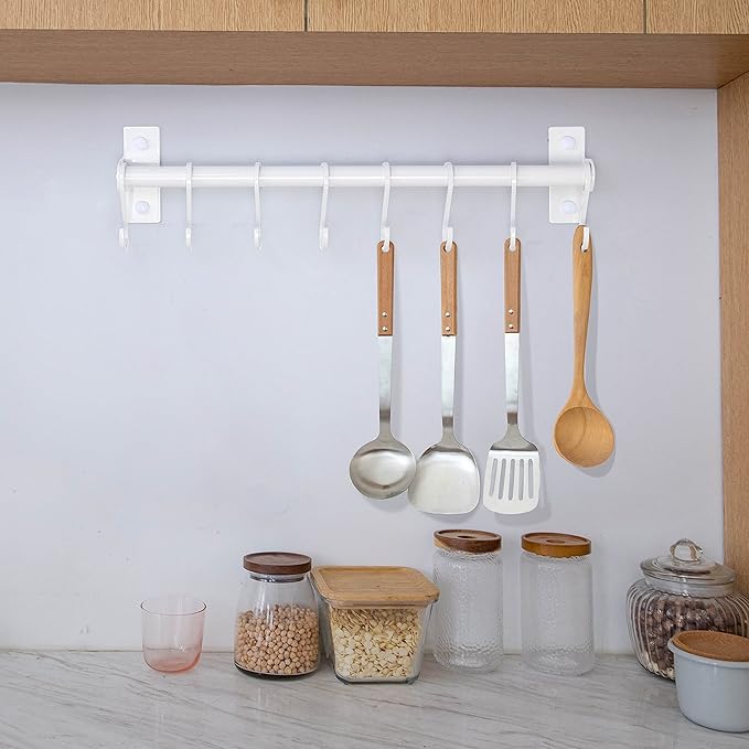 Dseap Kitchen Utensil Holder Hanger, Pot and Pan Rack Wall Mounted, Kitchen Rail with 8 Hooks for Hanging Cooking Utensils, Mugs, Spoons, Wall Mounted, White