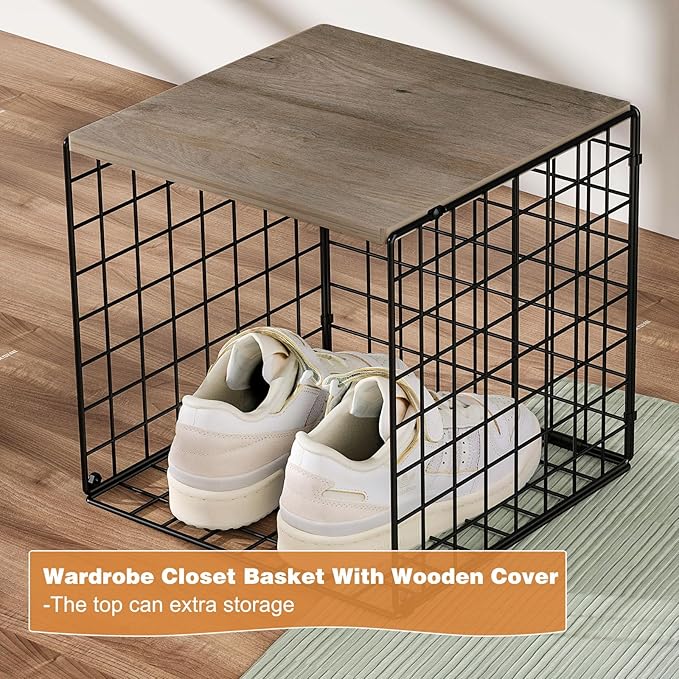 4-Tier Stackable Closet Organizers and Storage Basket, Shelves with Wood Top, Foldable Clothes Storage Bin/Cube Drawer Organizer for Wardrobe, Space-Saving, Closet Organization,Black(Patent Pending) 