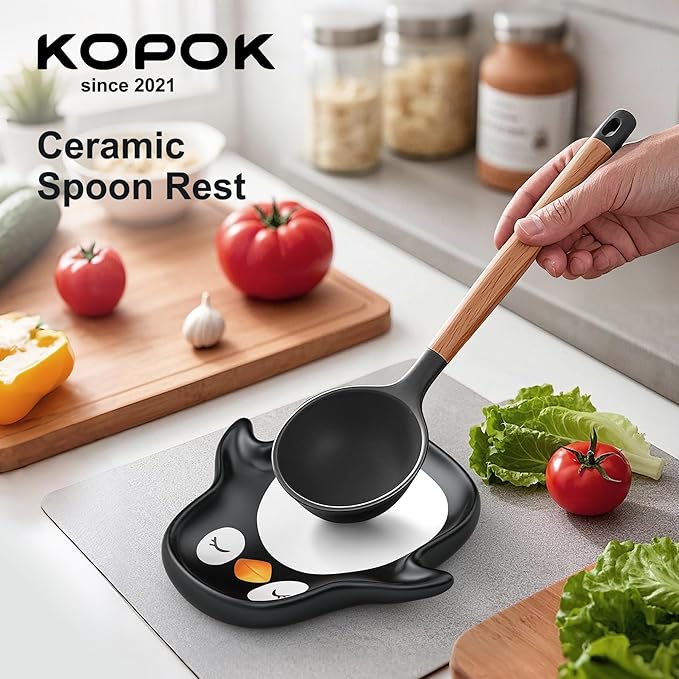 Penguin Spoon Rest for Stove Top – Ceramic Utensil Holder for Kitchen Counter – Cute Cooking Spoon Rest, Spatula Holder, Snack Dish – Unique Kitchen Gift for Holidays, Housewarming