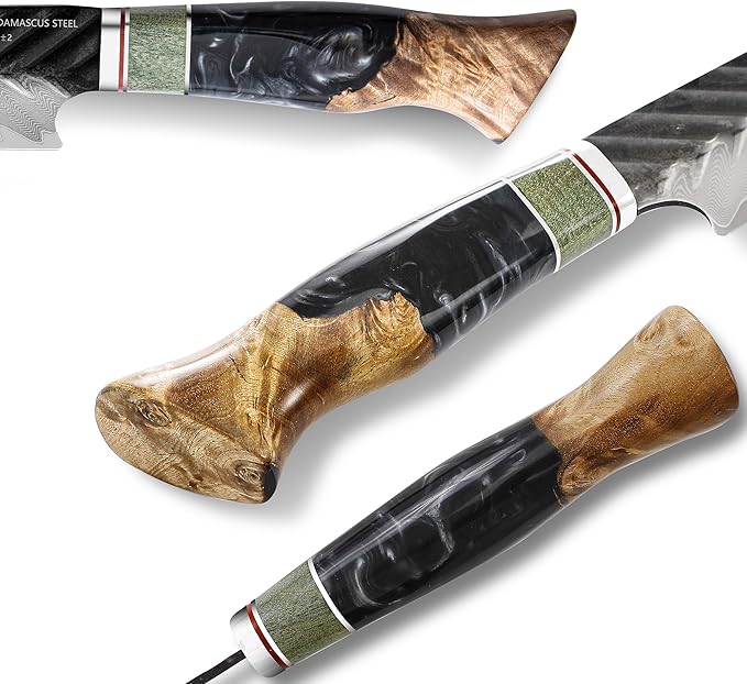 SHANGDAO Damascus Utility Knife 4.8 Inch Fruit Knife with Leather Sheath 67 Layers Alloy Steel Peeling Cutter - Hand Forged Resin & Wood Handle QILIN Series