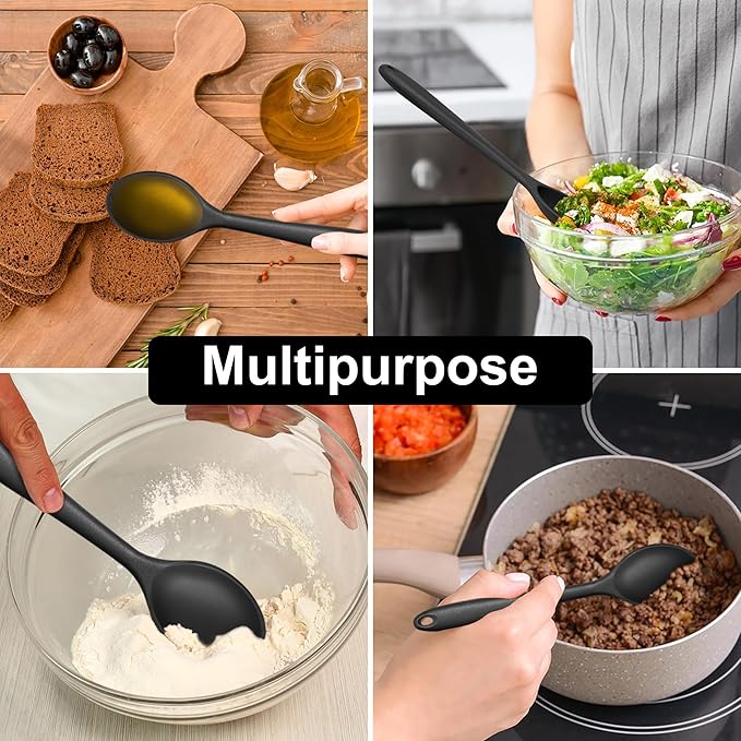 E-far Silicone Cooking Spoon Set of 2, Heat Resistant Kitchen Spoons Utensils Nonstick Mixing Spoon for Baking Stirring Serving, Non-Toxic & Dishwasher Safe (Black)