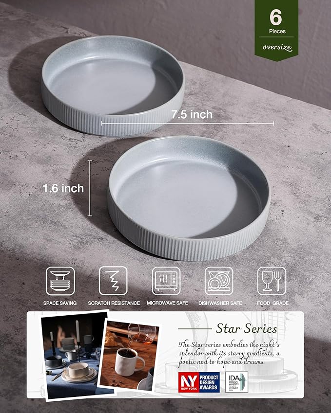 famiware Star 7.5" Pasta Bowls Set, Salad Bowl Set of 6, Double Reactive Glaze, Stackable, Perfect for Your Friend for Housewarming, Thanksgiving, Christmas, Light Gray