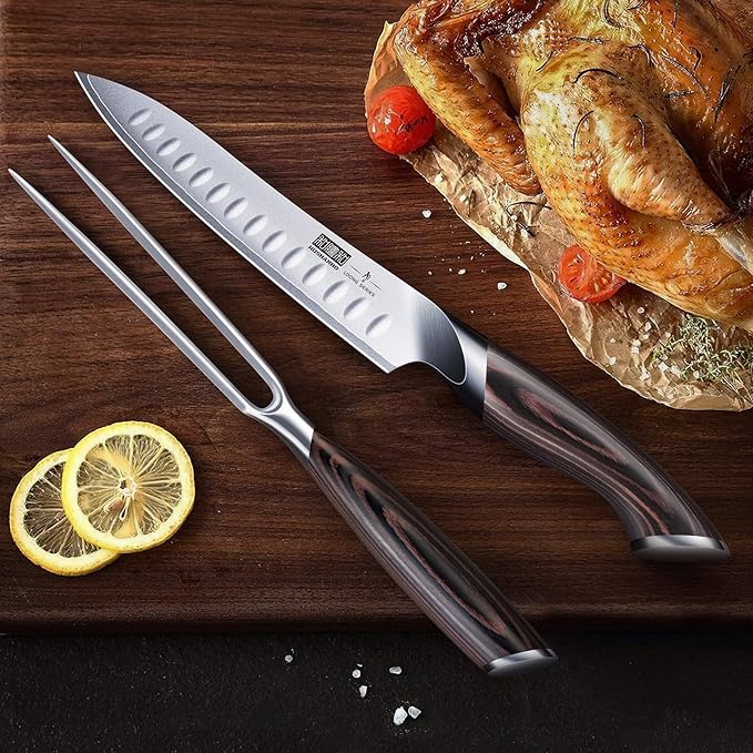 8 Inch Carving Knife & 7 Inch Fork Set, Professional Japanese High Carbon Steel Razor Sharp Butcher Brisket Slicing Knife Set for Meat Cutting, BBQ