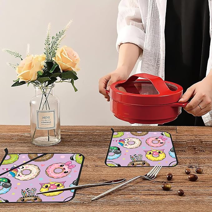 Cute Cartoon Donut Pot Holders Set of 2 - Heat Resistant Oven Hot Pads for Cooking, Baking, BBQ Gifts for Women