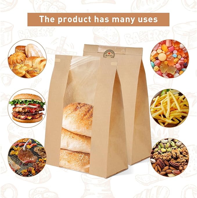 60-Pack Bread Bags for Homemade Bread Sourdough Bread Bags with Tin Tie Tab Lock, Kraft Paper Bakery Bag with Window and Label Seal Stickers for Packaging Baked Food Bread Storage (13.7''x8.2''x3.5'')