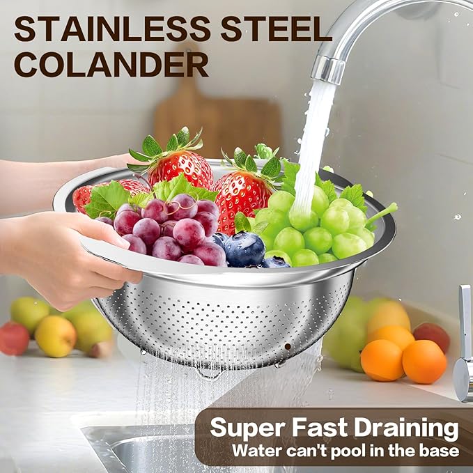 Stainless Steel Colander for Kitchen, Stainless Steel Strainer, Pasta Strainer for Spaghetti Fruits Vegetables Cooking Food, 3 Pcs Strainers and Colanders(2QT, 3QT, 5QT), Dishwasher Safe, Silver