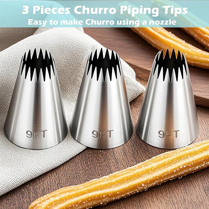 Hendiy 3 Pieces Churro Piping Tips, Stainless Steel 9FT Large Piping Tip Churro Maker Icing Tips, Pastry Tips for Cake Decorating Frosting Tip