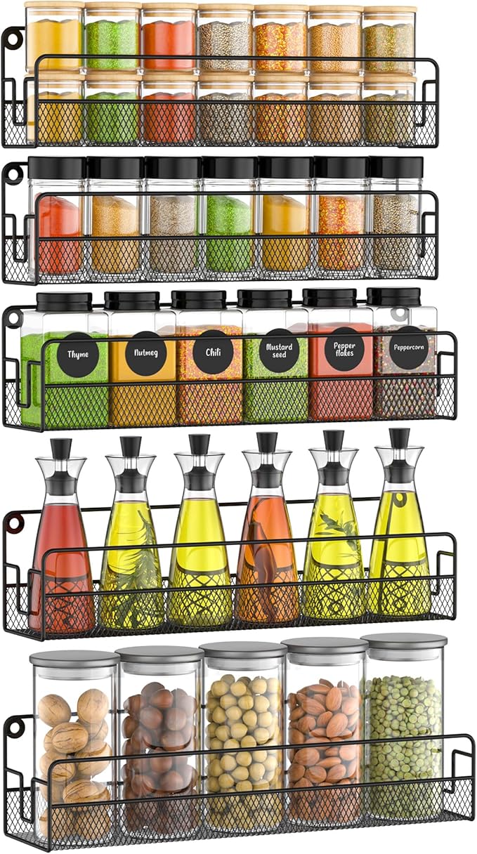 Wall Mounted Spice Rack Organizer, Pantry Door Organizer & Hanging Storage Baskets, Metal Spice Shelf for Kitchen Cabinet, 3 Depth Sizes Hold Large Jars to Nail Polish Bottles, 5 Pack