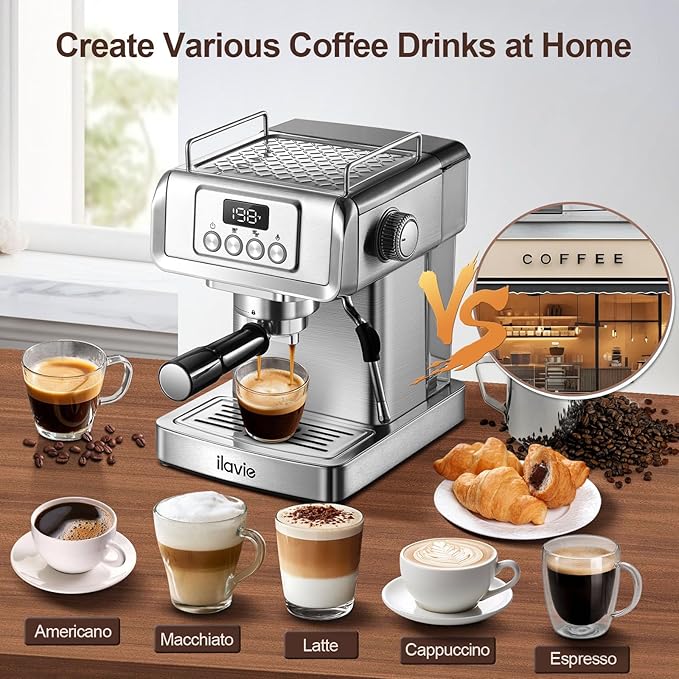 Espresso Machine 20 Bar, Espresso Maker with Steam Milk Frother,Espresso Coffee Machine with 60oz Removable Water Tank for Lattle, Cappuccino, Stainless Steel