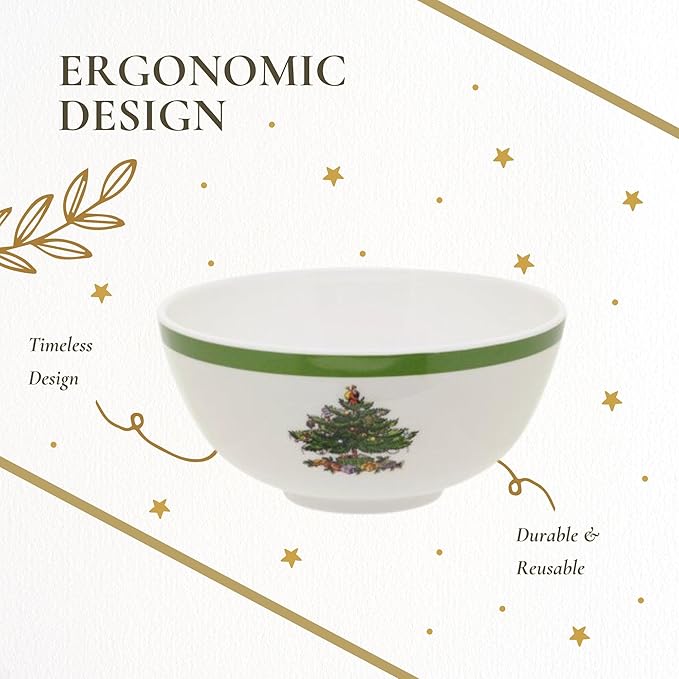 Spode Christmas Tree 6-Inch Melamine Bowls - Set of 4 Festive Bowls for Soup, Dessert, Holiday Dishes - Durable, Dishwasher Safe - Versatile Tableware for Indoor, Outdoor Christmas Gatherings