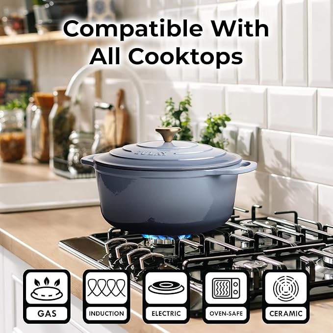 Zulay Kitchen 6 Quart Enameled Cast Iron Dutch Oven with Lid - Premium Durability & Oven Safe up to 500°F – Heavy Duty Cookware Perfect for Bread Baking, Stews, Braising & Roasting - Aquamarine