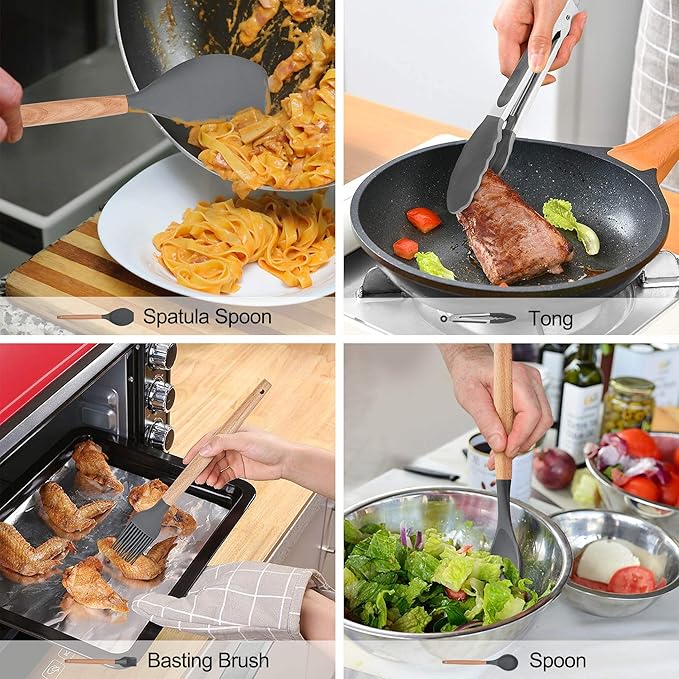 LIANYU 15-Piece Kitchen Silicone Cooking Utensils Set with Holder, Wooden Handle Kitchen Tools Include Spatula Tong Slotted Spoon Turner Whisk Brush, Black Gray