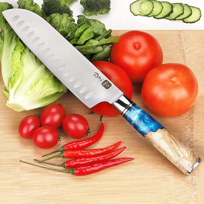 Santoku Knife 7 Inch, Ultra Sharp Japanese Chef Knife, High Carbon Stainless Steel Kitchen Knife with Gift Box and Resin Wood Handle, Ideal Gift for Men and Women
