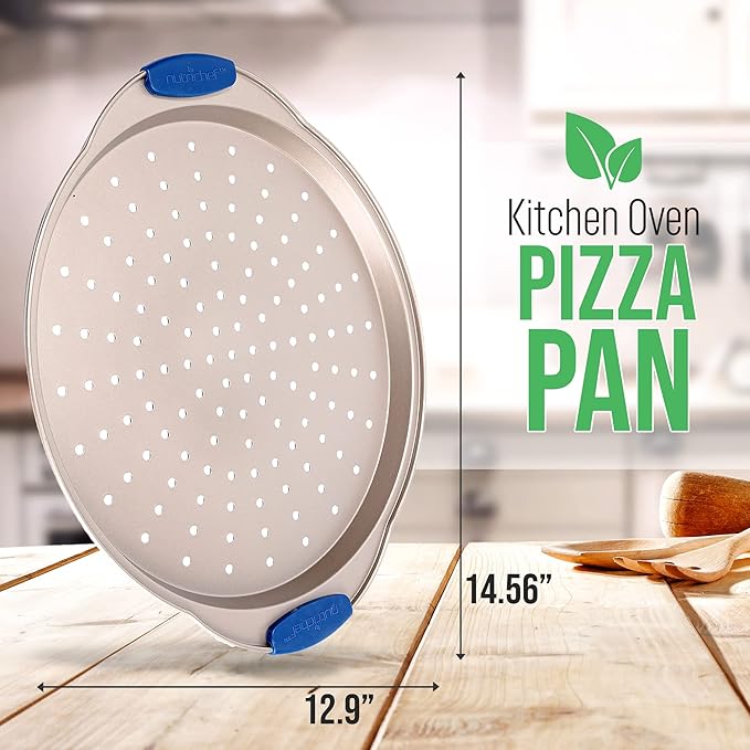 NutriChef 13-Inch Non-Stick Pizza Tray with Silicone Handle - Perforated Round Steel Pan, Dishwasher Safe - 2 Pack - Champagne Gold