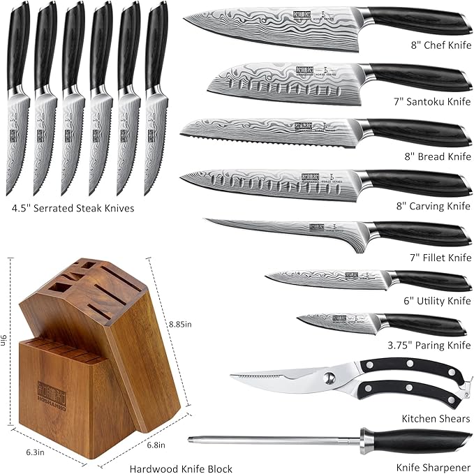16-Piece Knife Set with Block, Ultra Sharp High Carbon Powder Steel Knife Block Set, Chef Knife Set Professional Kitchen Knives Set with Sharpener and Pakkawood Handle