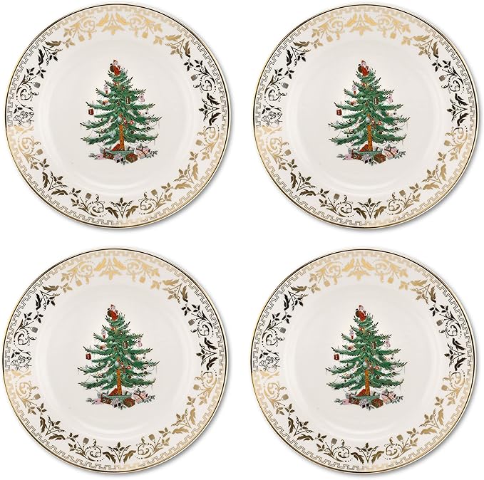 Spode Christmas Tree Gold Salad Plate (Set of 4) - 8-Inch Porcelain Dinner & Appetizer Plate, Christmas Dinnerware, Microwave & Dishwasher Safe, Festive Collectible Seasonal Dining Plate