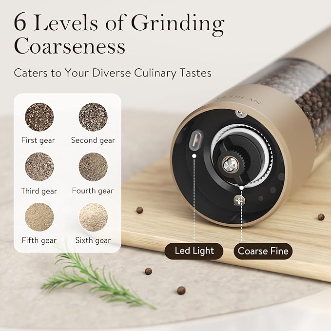 Ultrean Electric Pepper Grinder, Rechargeable Salt and Pepper Grinder with 6 Adjustable Coarseness, LED Light, One-Hand Automatic Operation, Brown