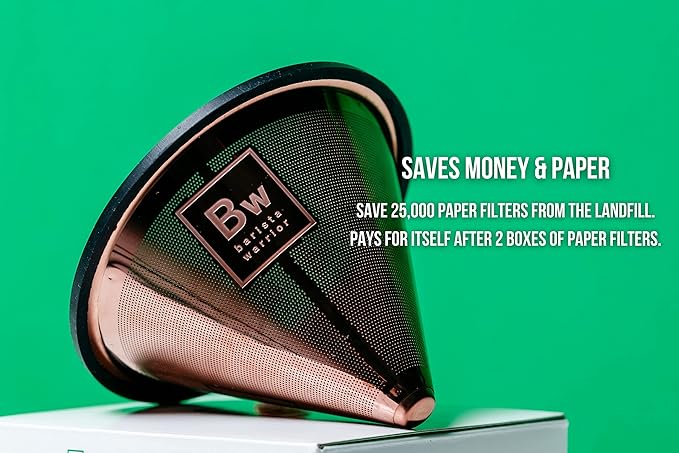 Barista Warrior Compatible for Chemex, Hario V60 & popular coffee makers, Pour Over Coffee Filters- Reusable and Permanent Coffee Cone Dripper (Copper Coated)