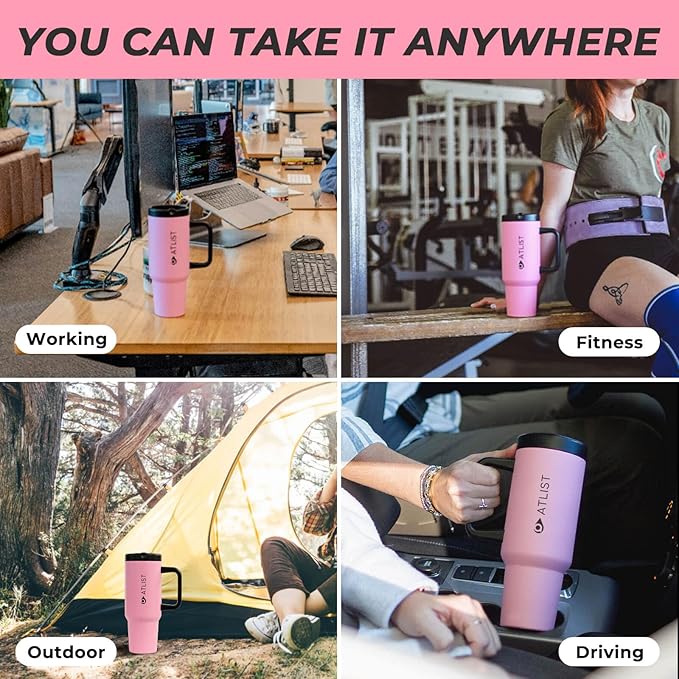 100% Leakproof 40 oz Tumbler with Handle & 4-in-1 SipSwig Lid, Built-In Flip Straw & External Stainless Steel Straw, Insulated Stainless Steel Cup, BPA-Free, Pink & Black