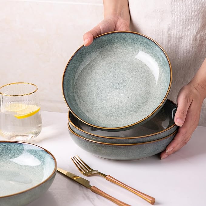 AmorArc 8.5'' Large Pasta Bowls, 36oz Ceramic Pasta Serving Bowls Set of 6 for Kitchen, Wide Bowls for Pasta,Salad,Oatmeal, Microwave Safe, Ocean Blue