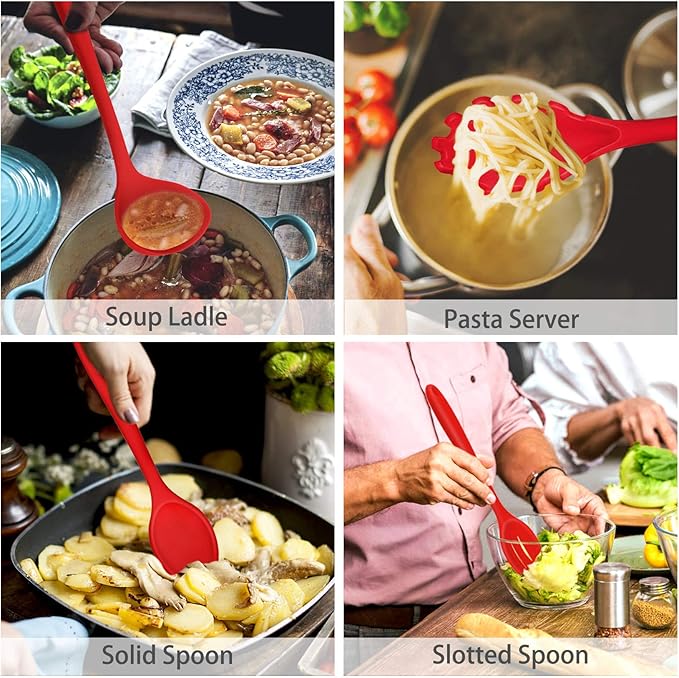 P&P CHEF Silicone Cooking Utensils Set of 7, Heat-proof Kitchen Utensils Set for Nonstick Cookware, Non-stick Spatula, Slotted Turner, Soup Ladle, Pasta Server, Spoon for Cooking Serving - Red
