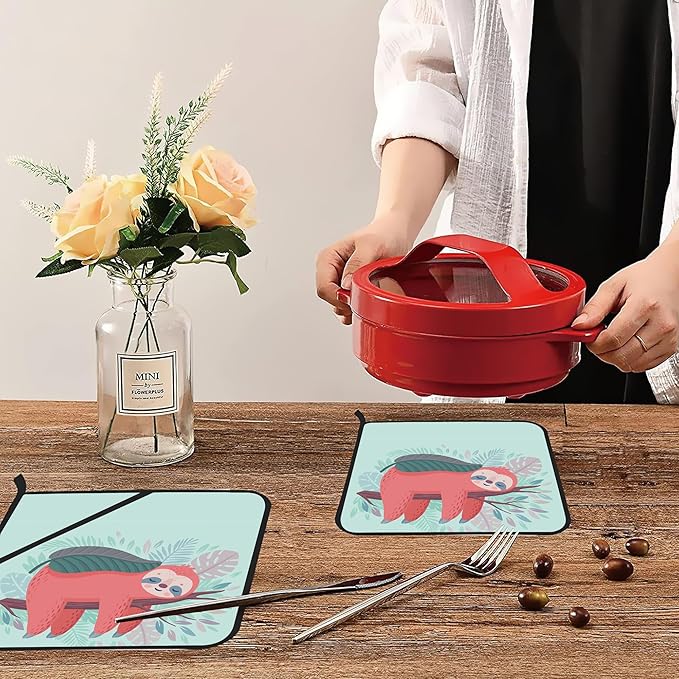 Cute Sloth Sleeping Pot Holders 2 PCS for Kitchen, Heat Resistant Hot Pads for Cooking Grilling Baking BBQ, Pot Holders for Women Cook Essentials Accessories Home Microwave
