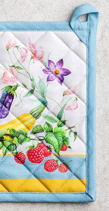 Maison d' Hermine 100% Cotton Oven Mitt & Pot Holder Set (7.5"x13" & 8"x8") Heat Resistant BBQ Cooking Gloves with Loop, Baking, Grilling, Kitchen, Handling Hot Pans Spring/Summer (Giverny)