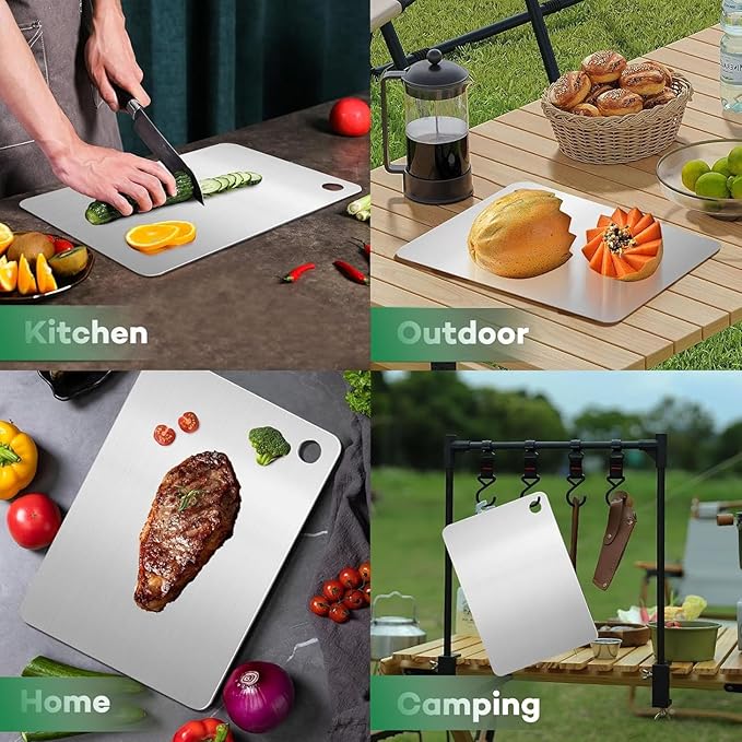 Katuchef Cutting Board for Kitchen, 316L Stainless Steel Cutting Board, Double-Sided Titanium Chopping Board for Meat, Fruit, Vegetables Easy to Clean Non Toxic Outdoor Camping or Indoor 9 * 14In