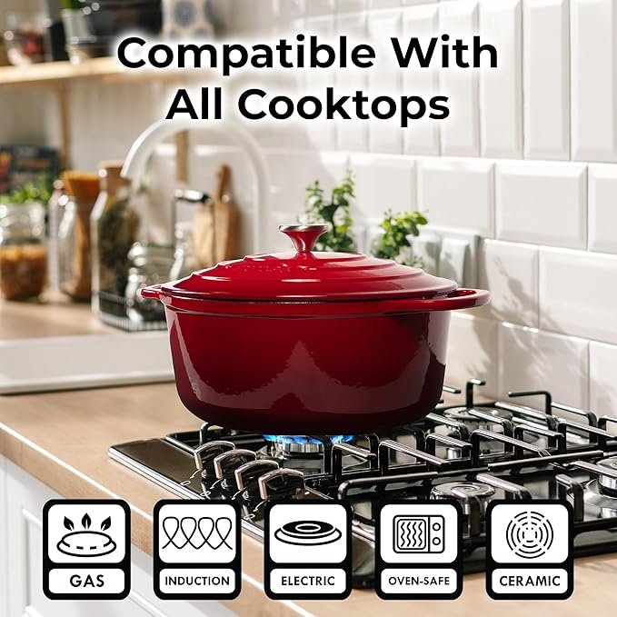 Zulay Kitchen 7.7 Quart Enameled Cast Iron Dutch Oven with Lid, Silicone Trivet & Heat Pad – Premium Durability & Oven Safe up to 500°F – Heavy Duty Cookware Perfect for Bread Baking, Stews, Braising & Roasting – Red