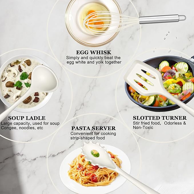 E-far 10 Pieces Silicone Cooking Utensils Set, Heat Resistant Kitchen Utensil Set for Nonstick Cookware, Kitchen Cooking Tools with Spatula, Spoon, Slotted Turner, Non-Toxic & Dishwasher Safe (White)