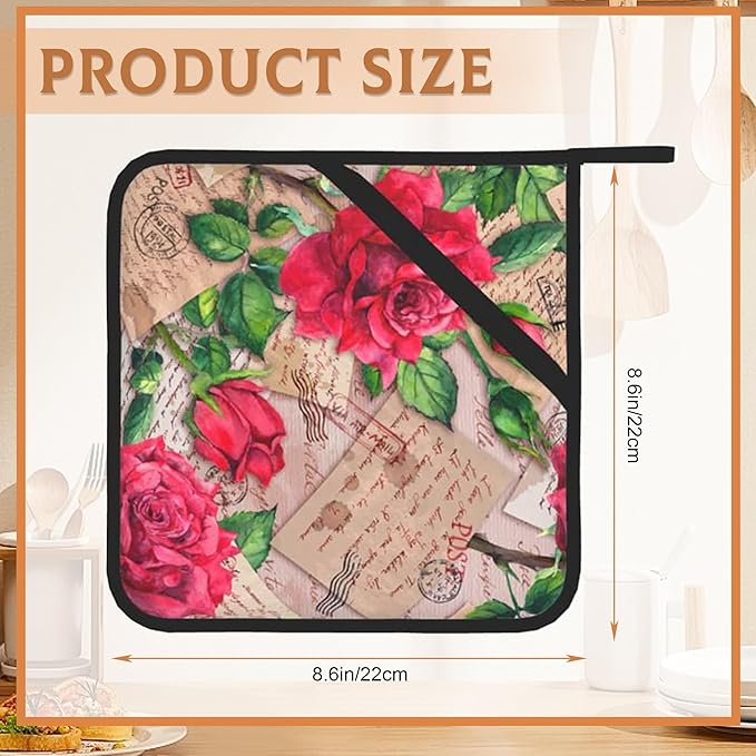 2 Pack Vintage Red Roses Pot Holders for Kitchen Heat Resistant, Potholders for Kitchens Washable for Cooking & Baking & Microwave