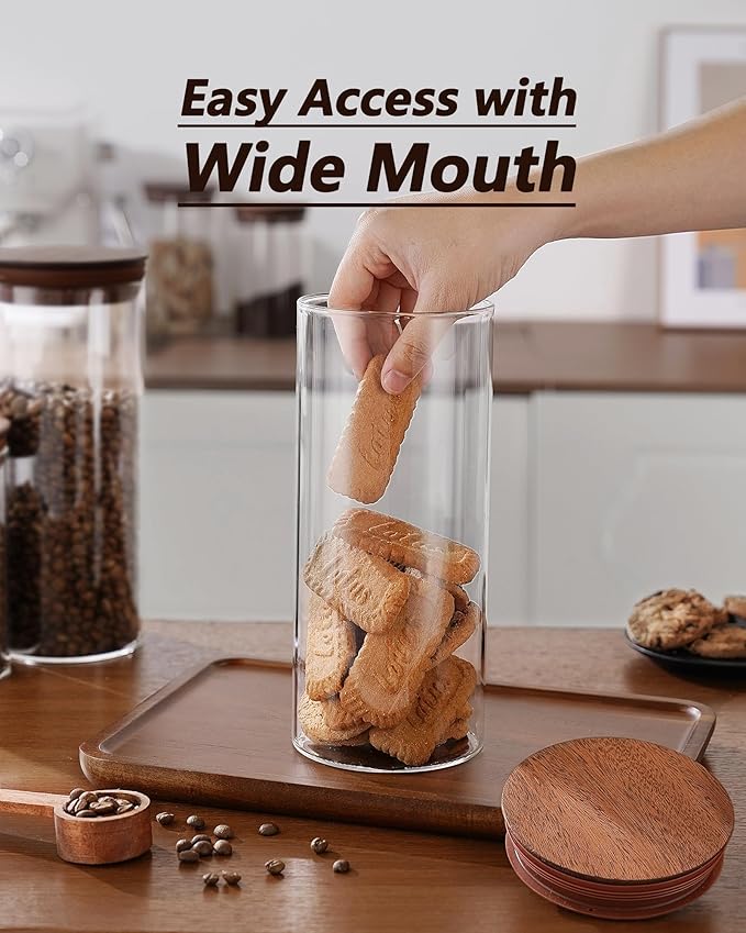 50 oz Coffee Canister with Scoop and Wooden Lids, Airtight Glass Coffee Jars Set of 2 for Ground Coffee, Coffee Beans Storage Container with Lids for Kitchen Brown Sugar, Coffee Bar