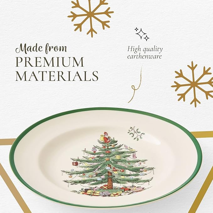 Spode Christmas Tree 10.5" Dinner Plate (Set of 4) - Festive Holiday Stoneware Plate with Christmas Tree & Green Borders, Microwave, Dishwasher, Freezer, Oven Safe - Collectible Holiday Tableware