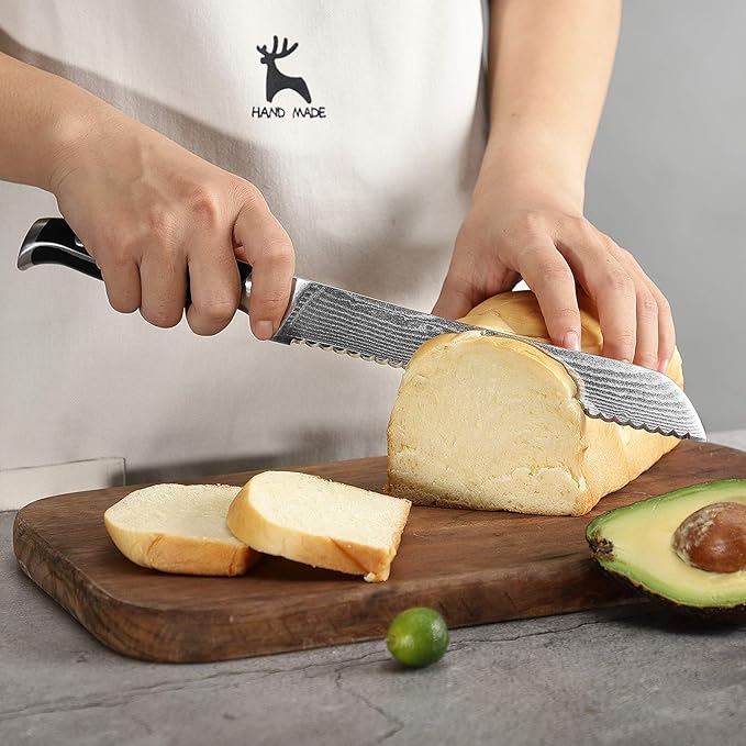 Damascus Kitchen Knife, 8 Inch Serrated Bread Knife Professional Kitchen Knife Forged with VG10 Super Steel 67-Layer, Non-slip ABS Ergonomic Triple Rivet Handle, Razor Sharp Lightweight Multipurpose