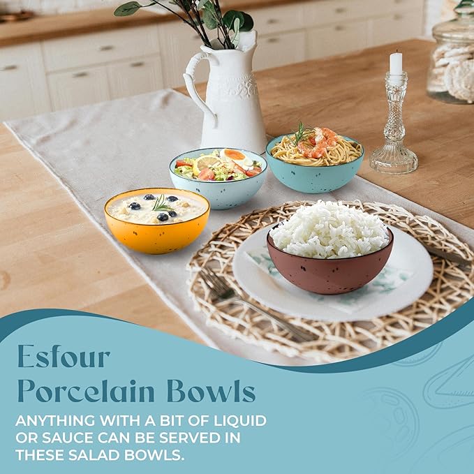 Esfour Round Porcelain Bowls - 18 Ounce - Set of 4 - Microwave, Oven, Dishwasher-Safe, Scratch Resistant, Porcelain Durable Small Dishes Bowls for Cereal, Salad, Pasta, Soup, Dessert - Assorted Vivid