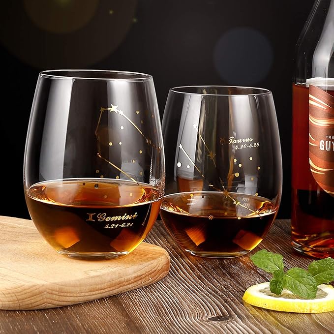 Taurus Stemless Wine Glass 20 Oz - Zodiac Birthday Gifts for Women Men, Golden Cup, Constellation Tumbler, Astrology Gift
