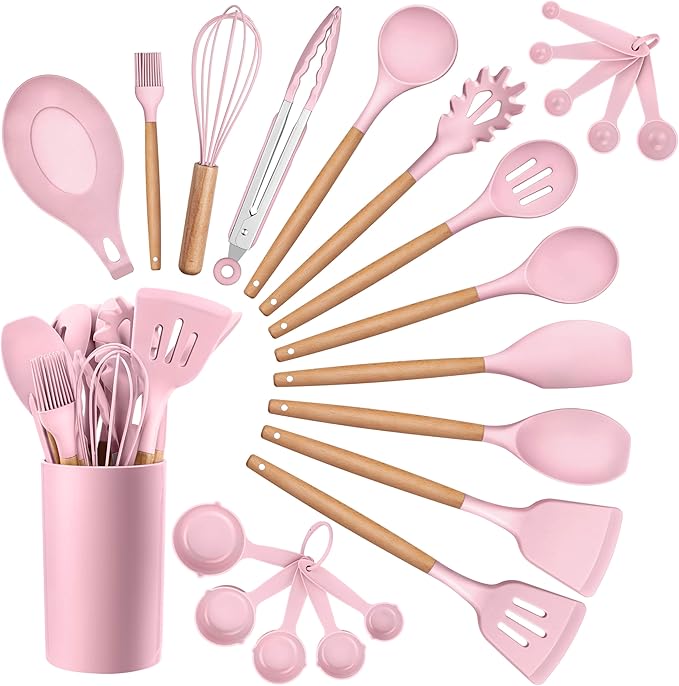 HaWare Kitchen Cooking Utensils Set, 23-Piece Silicone Kitchen Utensils Spatula Set with Holder, Heat Resistant Wooden Handle Kitchen Gadget for Nonstick Cookware, Food-grade Turner Spoon Sets (Pink)