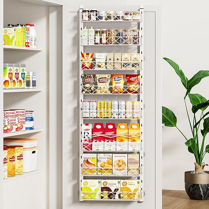 MIAOLI Over the Door Organizer, White 8-Tier Pantry Door Organizer with Adjustable Basket, Hanging Spice Rack Cabinet Door Shelves, Laundry Room Organization and Storage